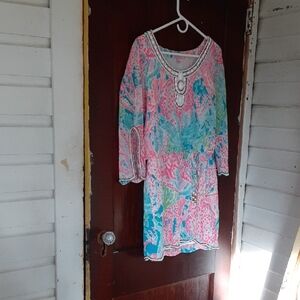 Lilly Pulitzer Beaded Pink and Blue Patterned Tunic Dress Sz Small